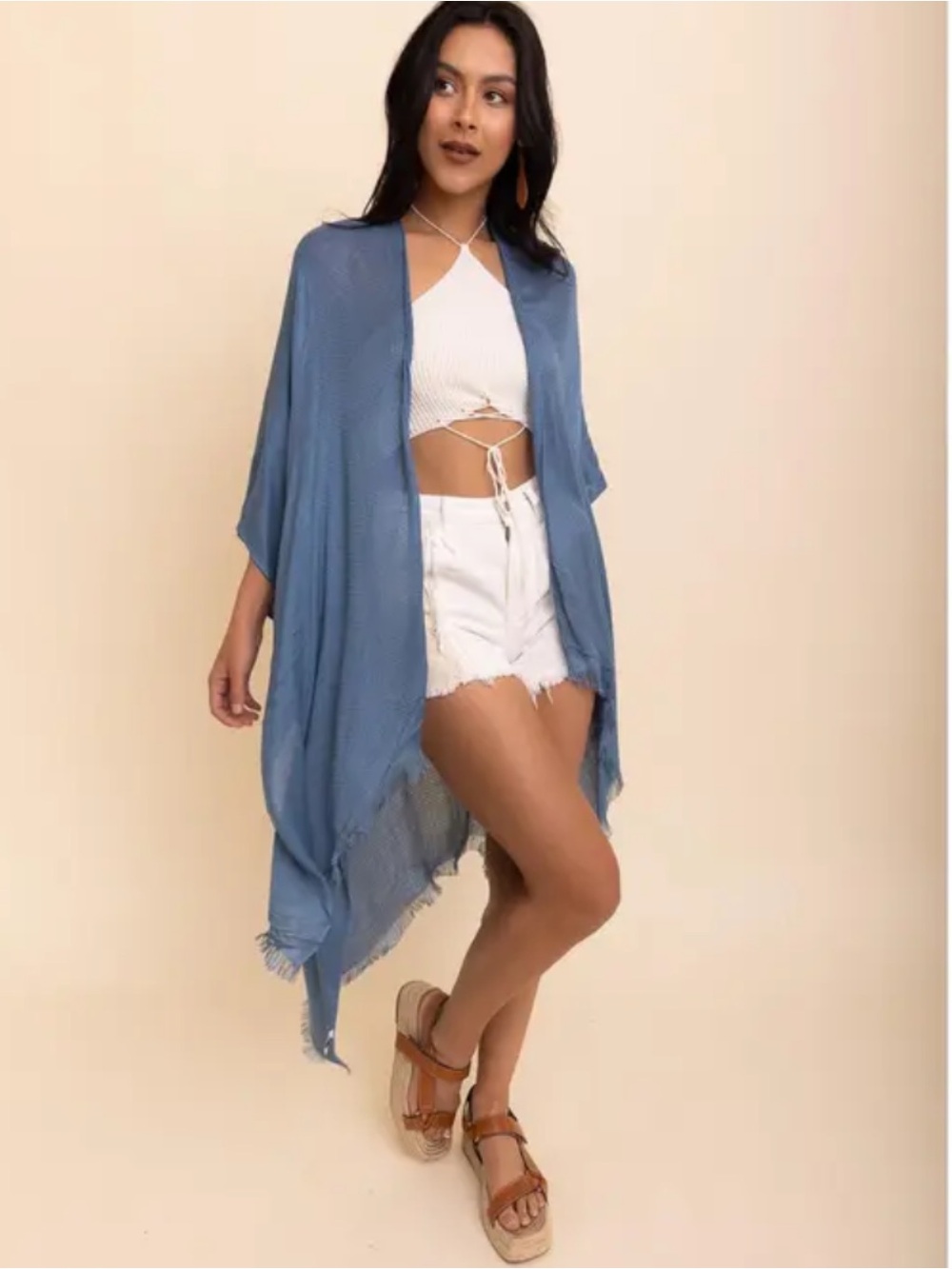 Cotton blend Open-Front kimonos style Cardigan feminine Asymmetrical